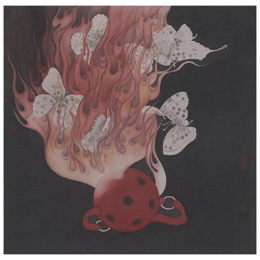 Clear Uncertainty · To Leap into the Flames (《清澈的暧昧 · 扑火》) · Fine Brushwork and Heavy Color(工笔重彩) · 40x40cm · 2022
