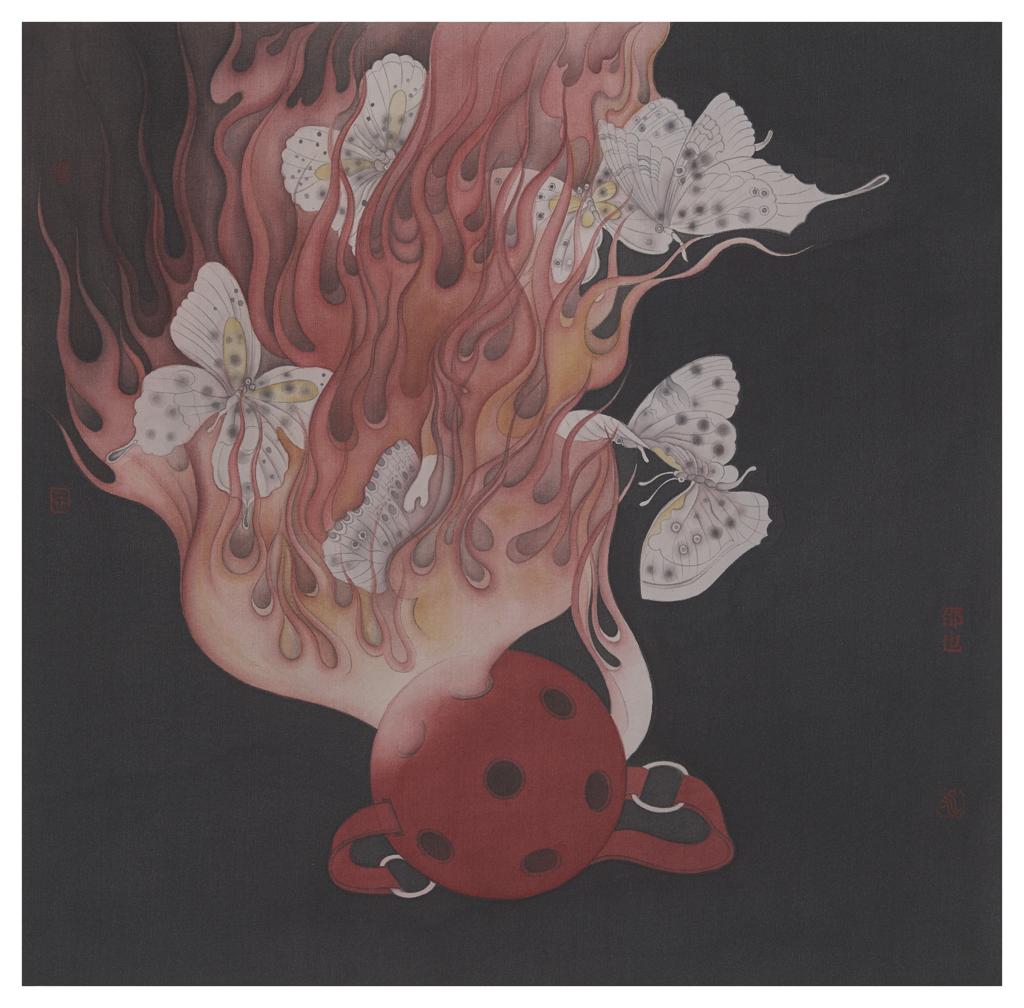 Clear Uncertainty · To Leap into the Flames (《清澈的暧昧 · 扑火》) · Fine Brushwork and Heavy Color(工笔重彩) · 40x40cm · 2022