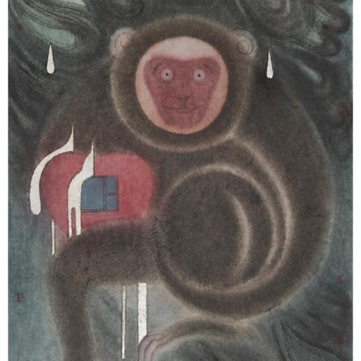From Blossoms to Withered Dreams · Heart Rain Monkey (《花至荼蘼梦为马 · 心雨猴子》) · Ink Painting on Paper(纸本水墨) · 47x70cm · 2022