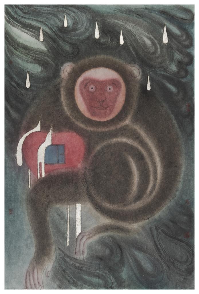 From Blossoms to Withered Dreams · Heart Rain Monkey (《花至荼蘼梦为马 · 心雨猴子》) · Ink Painting on Paper(纸本水墨) · 47x70cm · 2022
