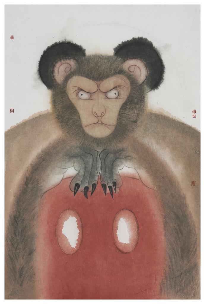 From Blossoms to Withered Dreams · Mickey Monkey (《花至荼蘼梦为马 · Mickey Monkey》) · Fine Brushwork and Heavy Color(工笔重彩)、Paper(纸本)、Mineral Color(矿物色) · 47x70cm · 2022