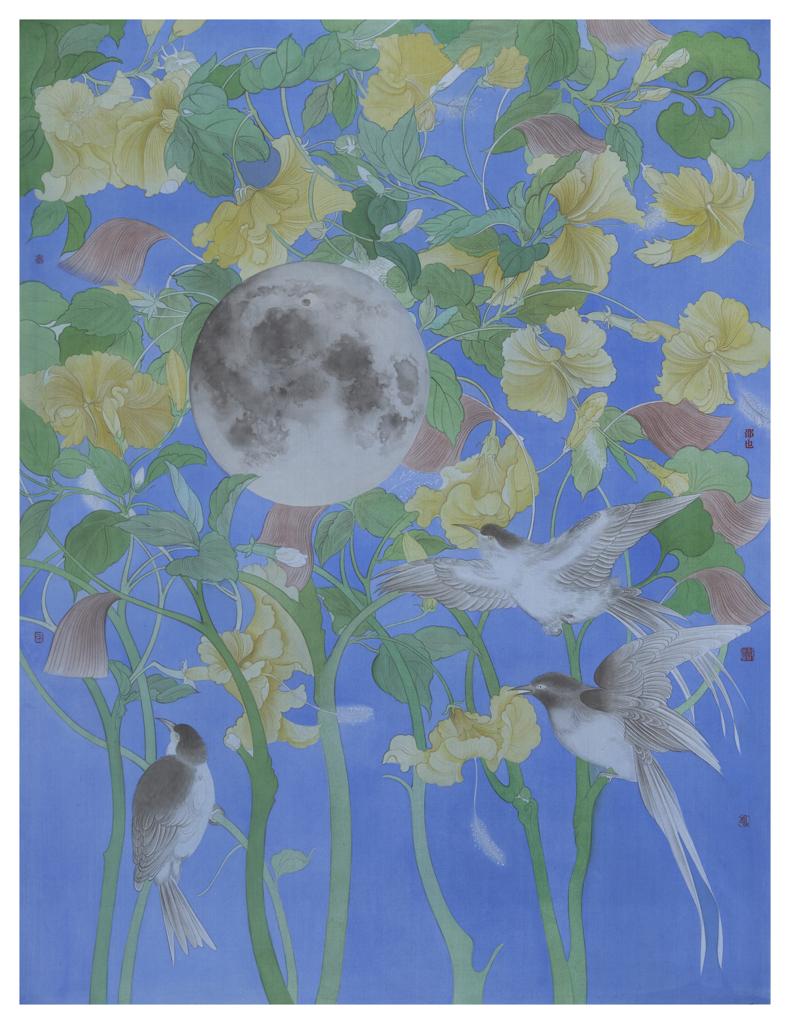 From Blossoms to Withered Dreams · Nightingale (《花至荼蘼梦为马 · 夜莺》) · Fine Brushwork and Heavy Color(工笔重彩)、Silk(绢本设色)、Mineral Color(矿物色) · 72x95cm · 2022