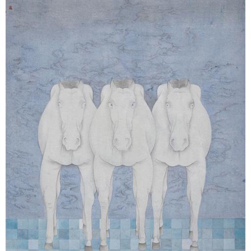 From Blossoms to Withered Dreams · Three people are formed by facing the shadow (《花至荼蘼梦为马 · 对影成三人》) · Fine Brushwork and Heavy Color(工笔重彩) · 66x92cm · 2018