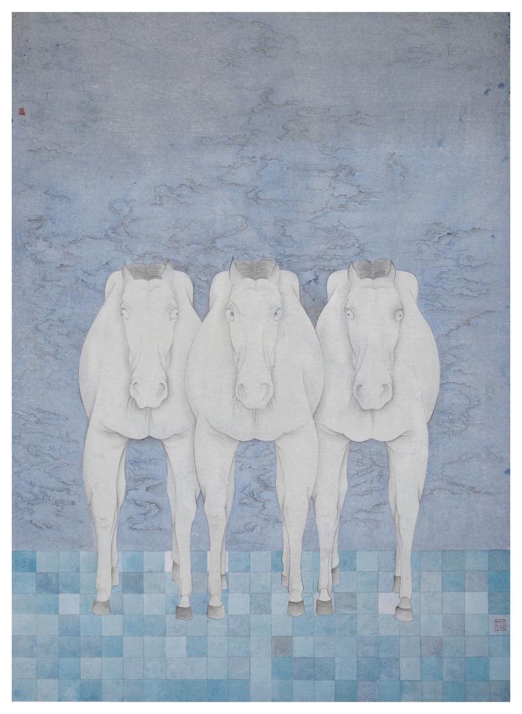 From Blossoms to Withered Dreams · Three people are formed by facing the shadow (《花至荼蘼梦为马 · 对影成三人》) · Fine Brushwork and Heavy Color(工笔重彩) · 66x92cm · 2018