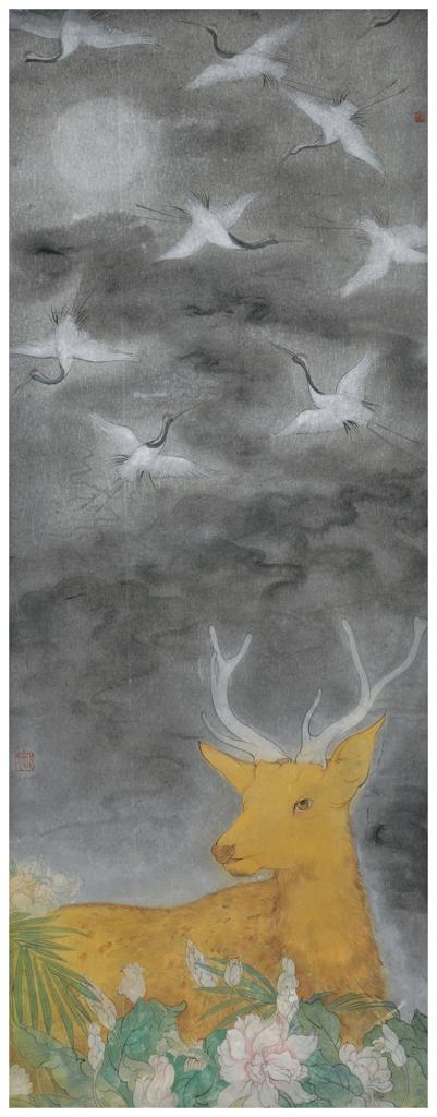 From Blossoms to Withered Dreams · Waiting for the Wind (《花至荼蘼梦为马 · 等风来》) · Fine Brushwork and Heavy Color(工笔重彩) · 34x89cm · 2019