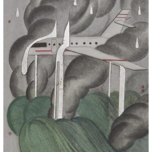 Tales and Legends · Airplane Flying Across the Sky (《故事和传说 · 飞机飞过天空》) · Ink Painting on Paper(纸本水墨) · 47x70cm · 2022