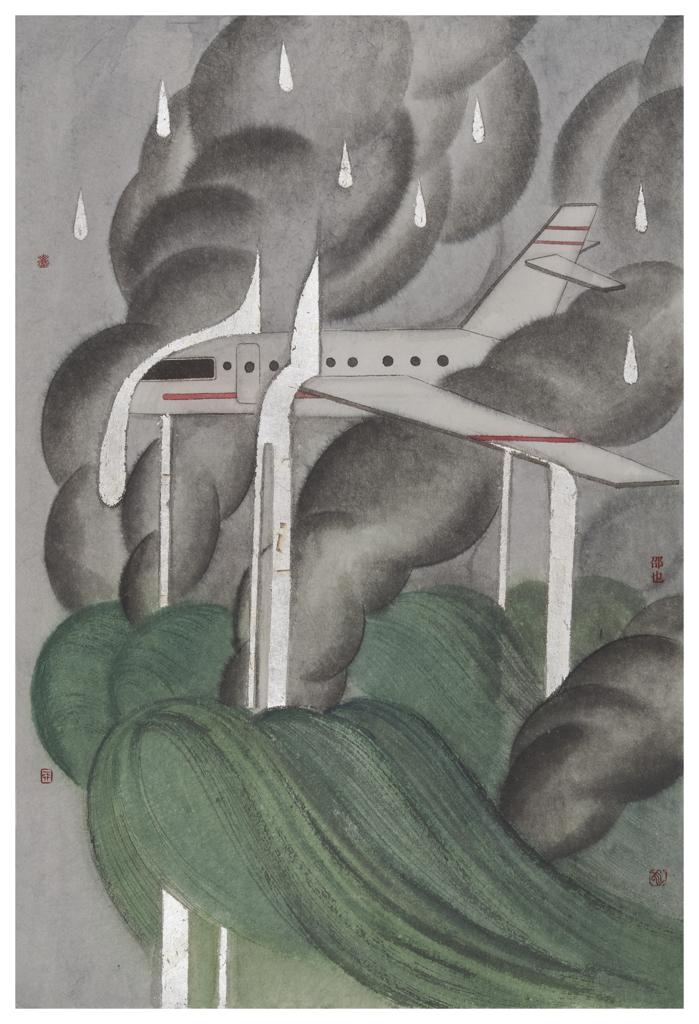 Tales and Legends · Airplane Flying Across the Sky (《故事和传说 · 飞机飞过天空》) · Ink Painting on Paper(纸本水墨) · 47x70cm · 2022