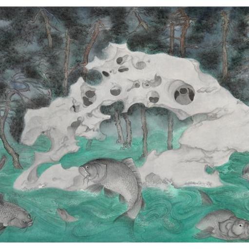 Tales and Legends · Dragon Gate (《故事和传说 · 龙门》) · Fine Brushwork and Heavy Color(工笔重彩) · 66x136cm · 2019