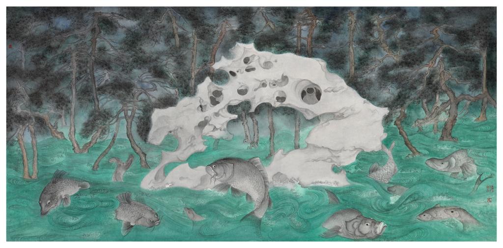 Tales and Legends · Dragon Gate (《故事和传说 · 龙门》) · Fine Brushwork and Heavy Color(工笔重彩) · 66x136cm · 2019